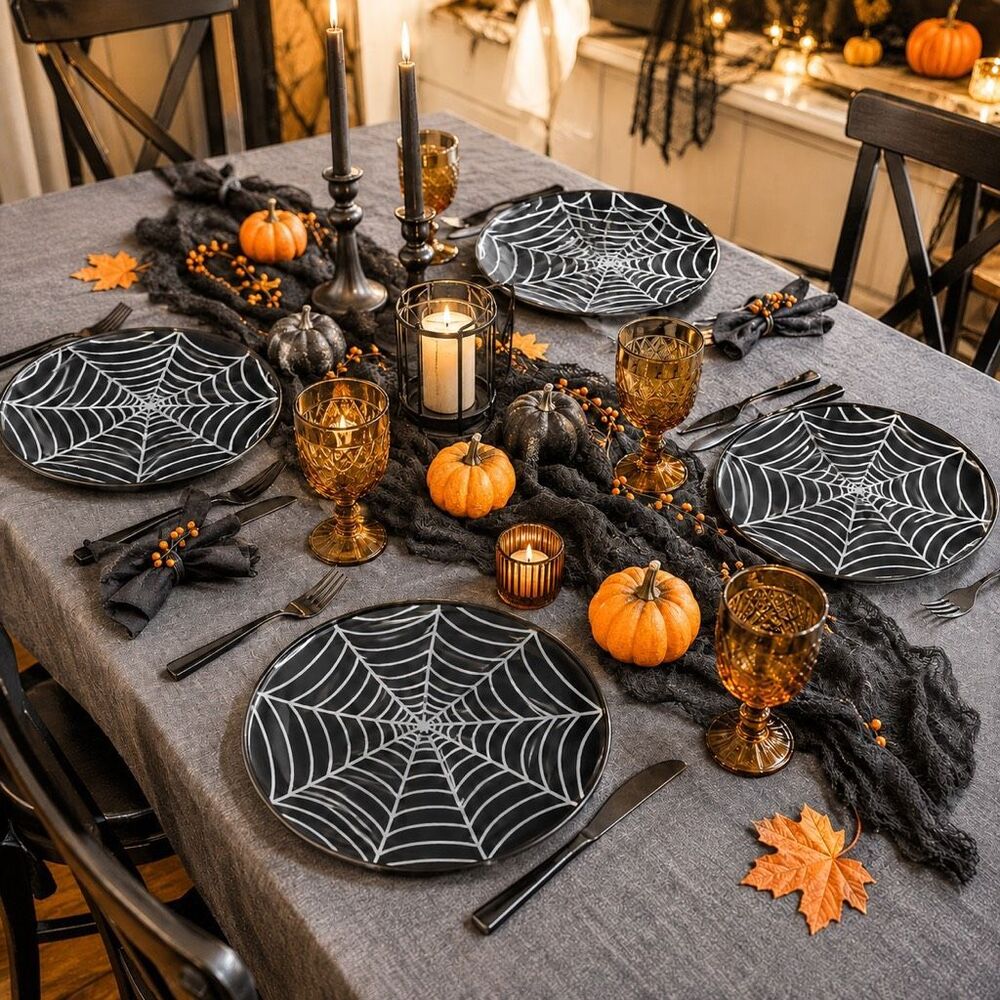 Pottery Barn Spiderweb Plates Set of 4 7” Ceramic Halloween Dessert Black White